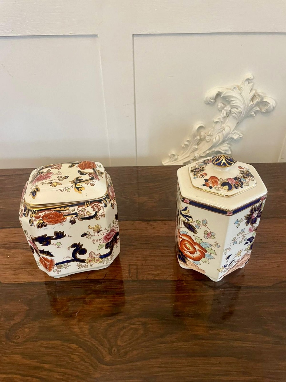 2 Quality Antique Hand Painted Masons Ironstone Tea Caddies