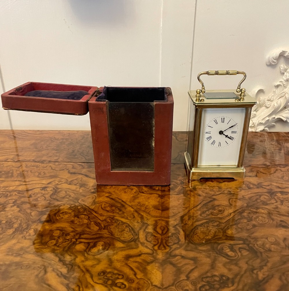 Antique Victorian Quality Brass Carriage Clock with Original Leather Travel Case  View X