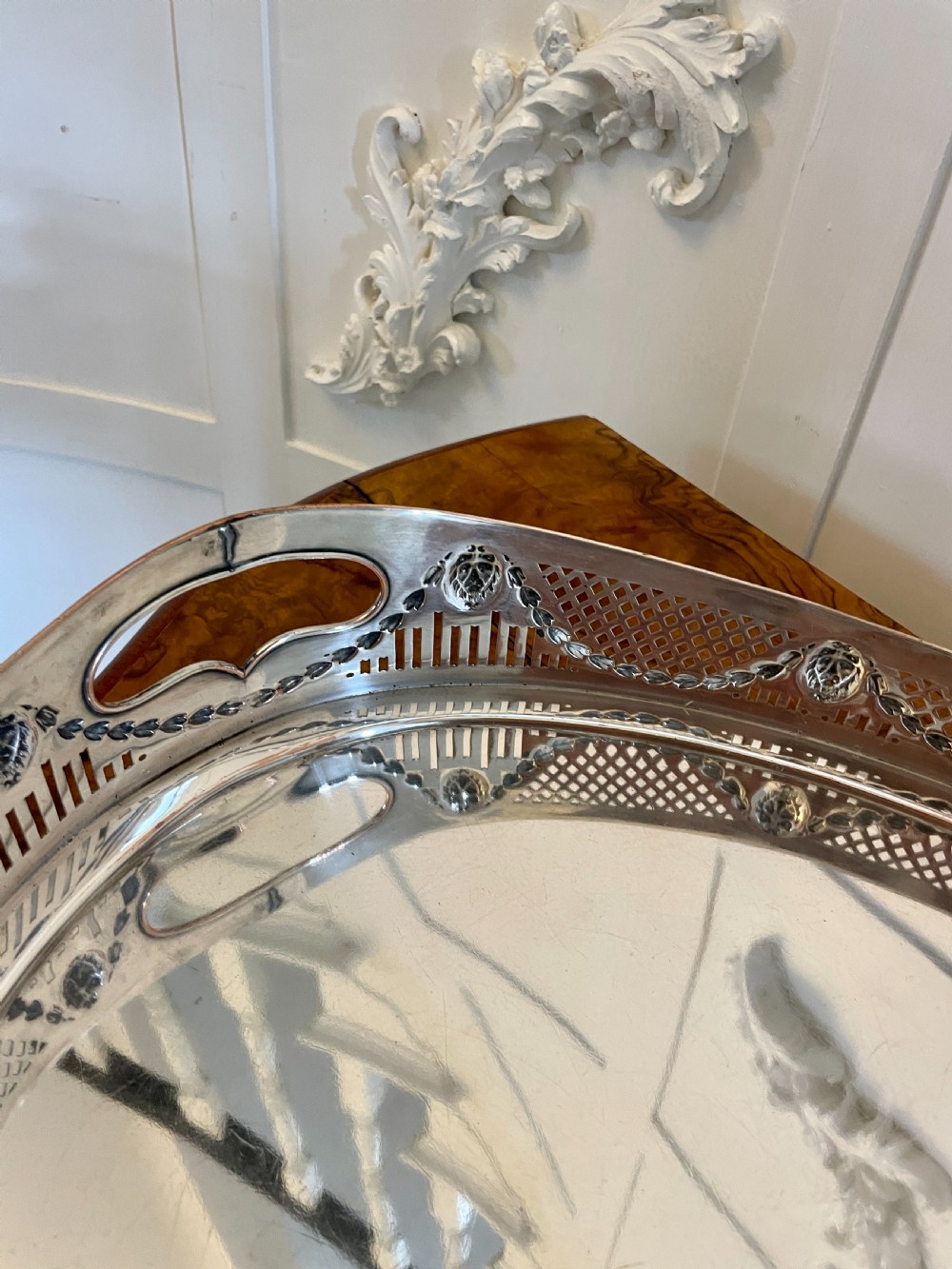 Large Antique Edwardian Quality Silver Plated Oval Shaped Tea Tray  View III