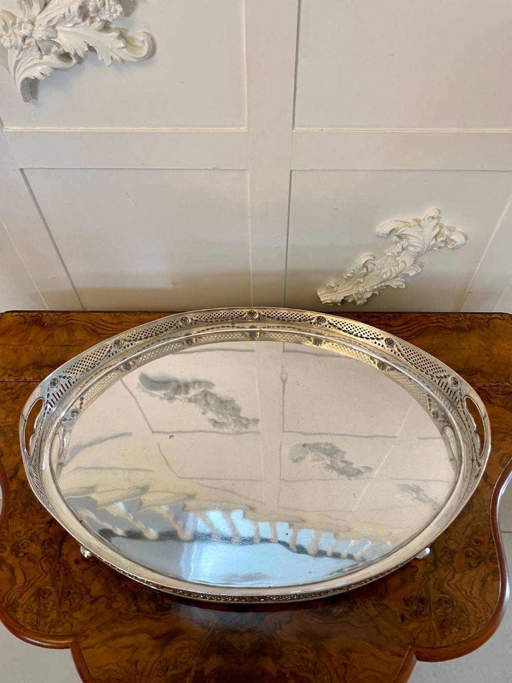 Large Antique Edwardian Quality Silver Plated Oval Shaped Tea Tray  View VIII