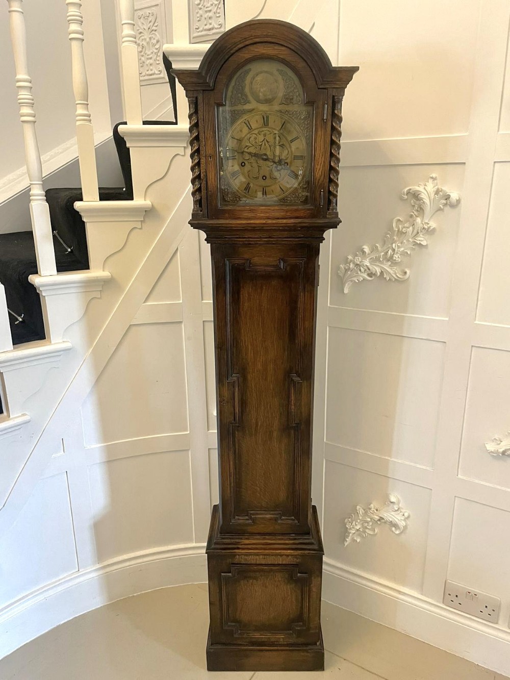  Antique Quality Oak Brass Face Eight Day Chiming Grandmother Clock