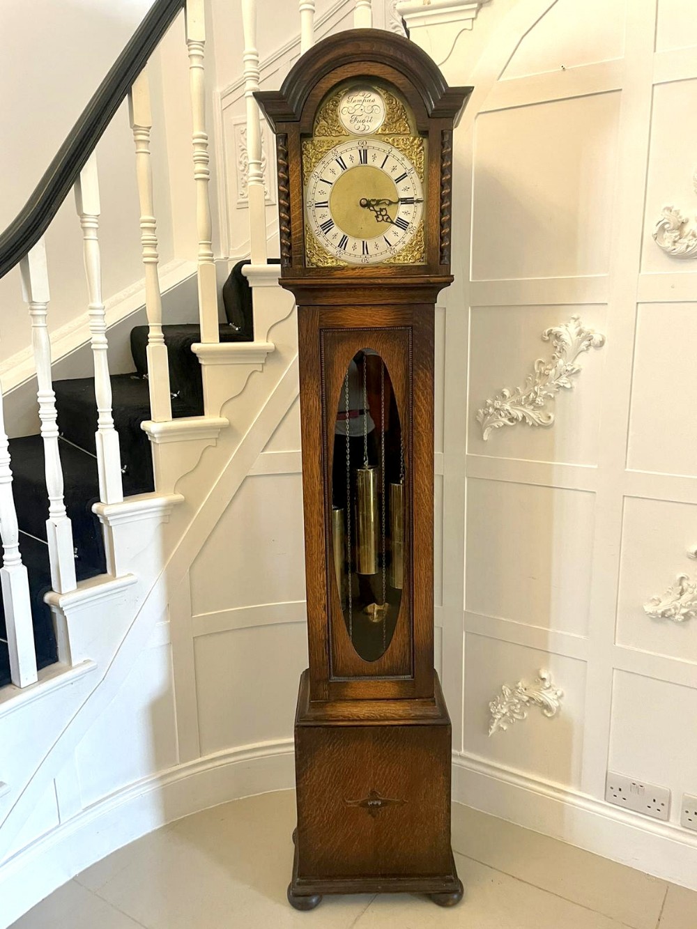 Antique Quality Oak Brass Face Chiming Grandmother Clock 