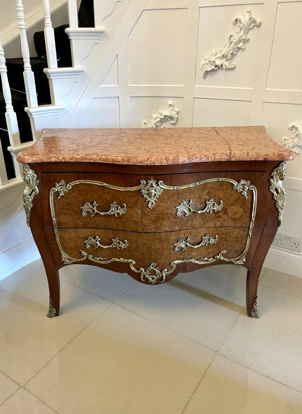 Antique Victorian French Quality Burr Walnut Marble Top Ormolu Mounted Commode/Chest of Drawers 
