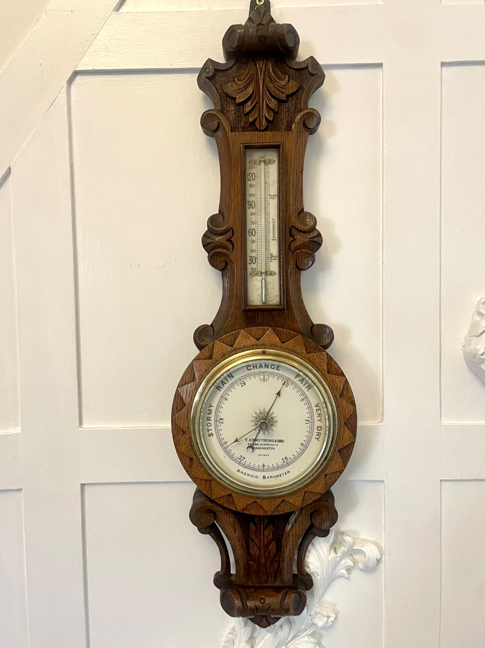 Antique Victorian Quality Carved Oak Aneroid Banjo Barometer 