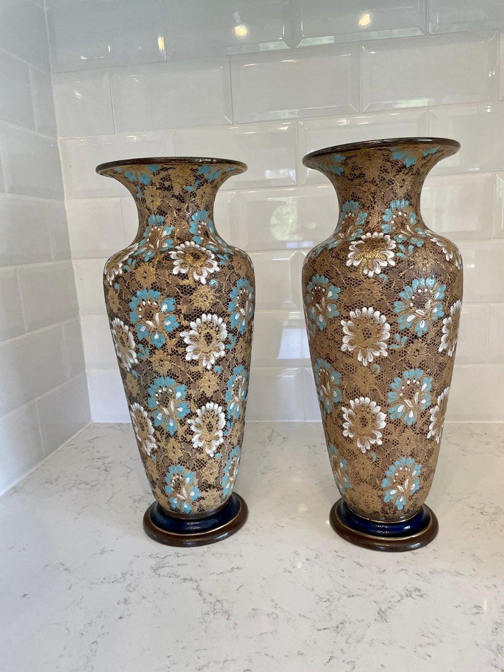 Large Pair of Antique Victorian Lambeth Doulton Vases 