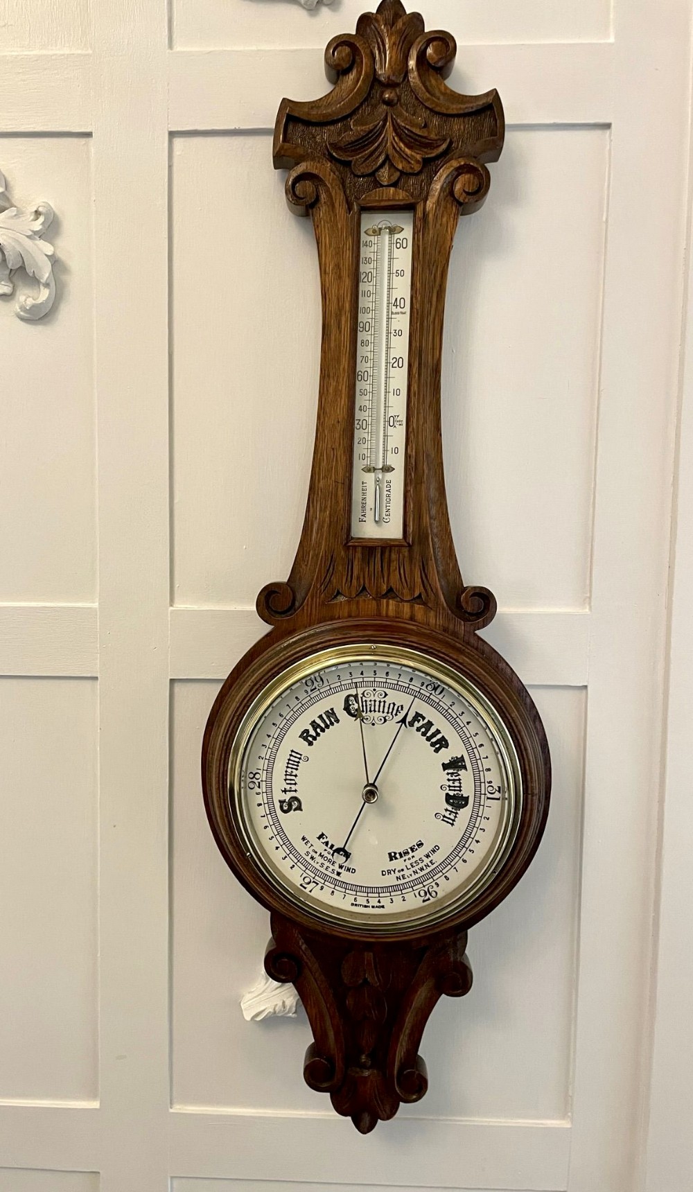 Antique Edwardian Quality Carved Oak Banjo Barometer 