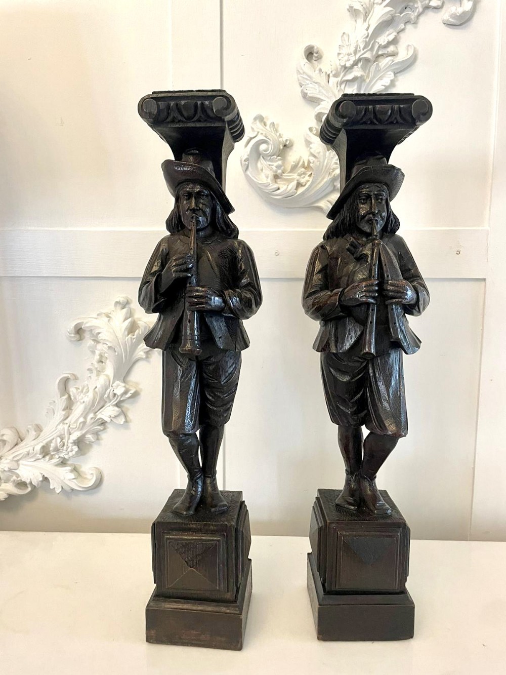 Unusual Pair of Antique Victorian Quality Carved Oak Figures 