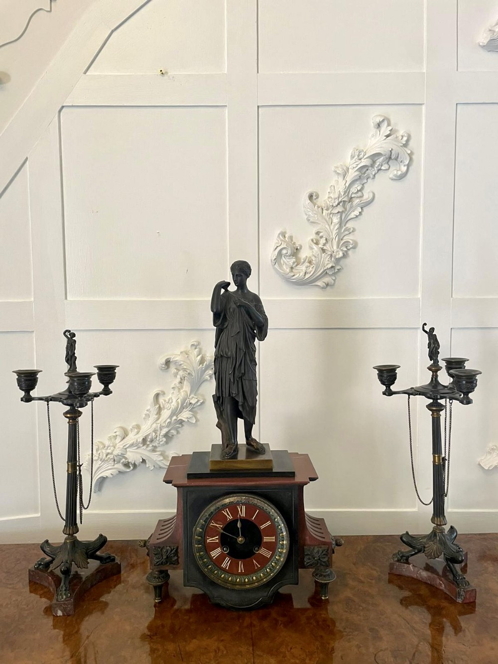 Outstanding Quality Antique Regency Bronze and Marble Clock Set 