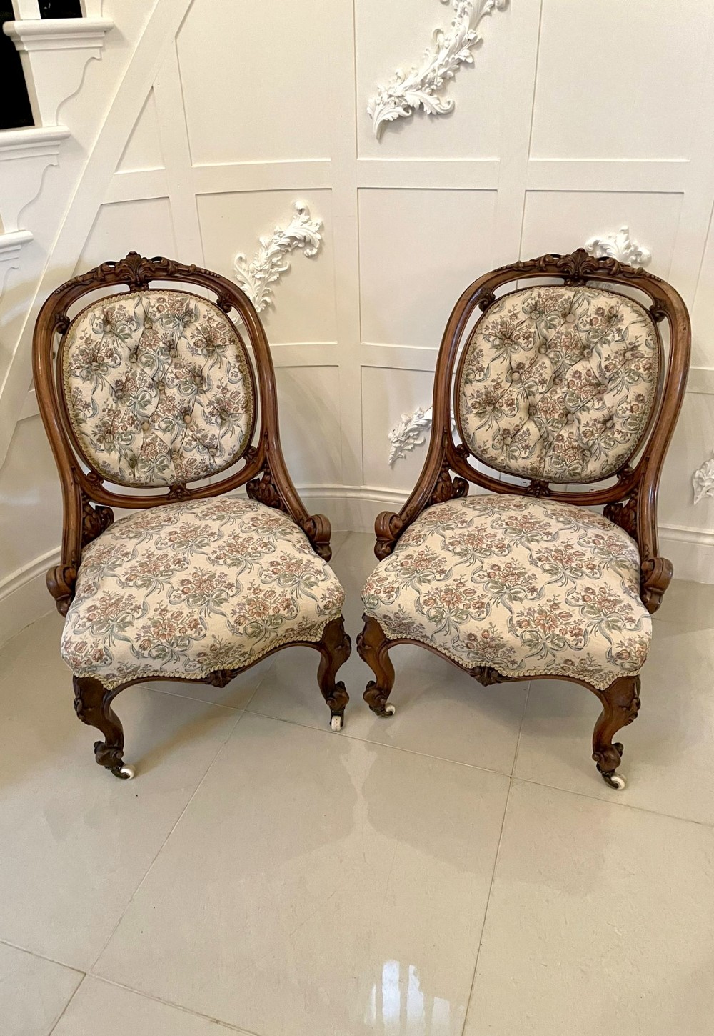  Outstanding Quality Antique Victorian Pair of Carved Walnut Chairs 