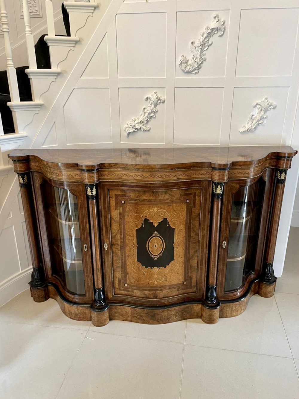 Outstanding Quality Antique Victorian Burr Walnut Marquetry Inlaid Serpentine Shaped Credenza 