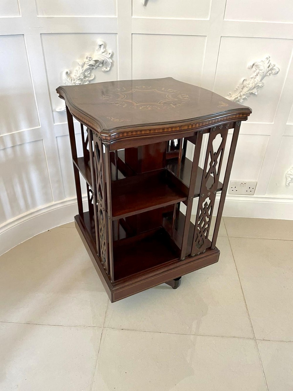 Antique Edwardian Quality Marquetry Inlaid Mahogany  Free Standing Revolving Bookcase 