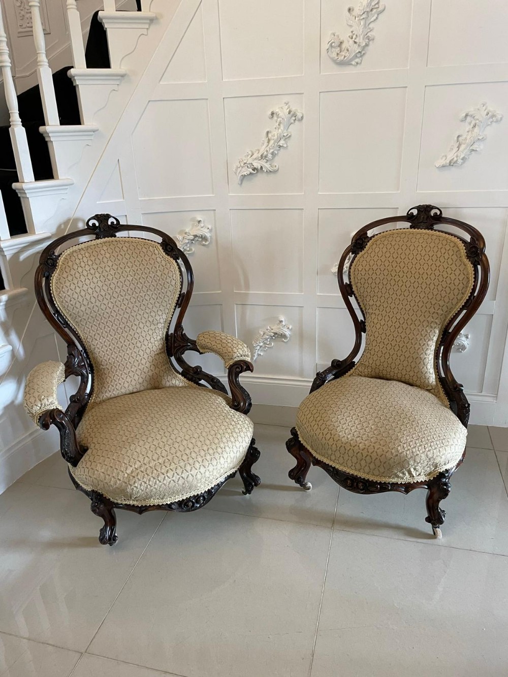 Outstanding Antique Pair of Victorian Carved Walnut Chairs