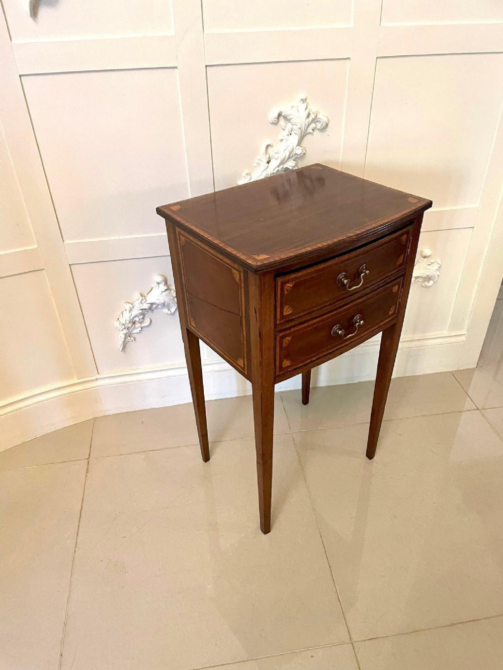 Antique Edwardian Mahogany Inlaid Bow Fronted Bedside Cabinet 
