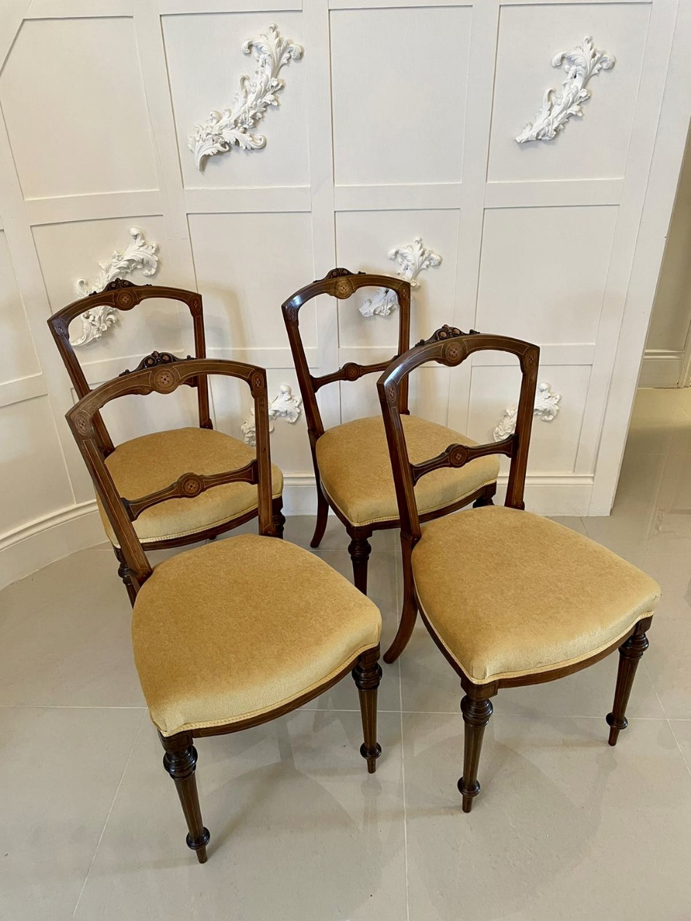 Antique 19th Century Set of Four Victorian Walnut Inlaid Dining Chairs