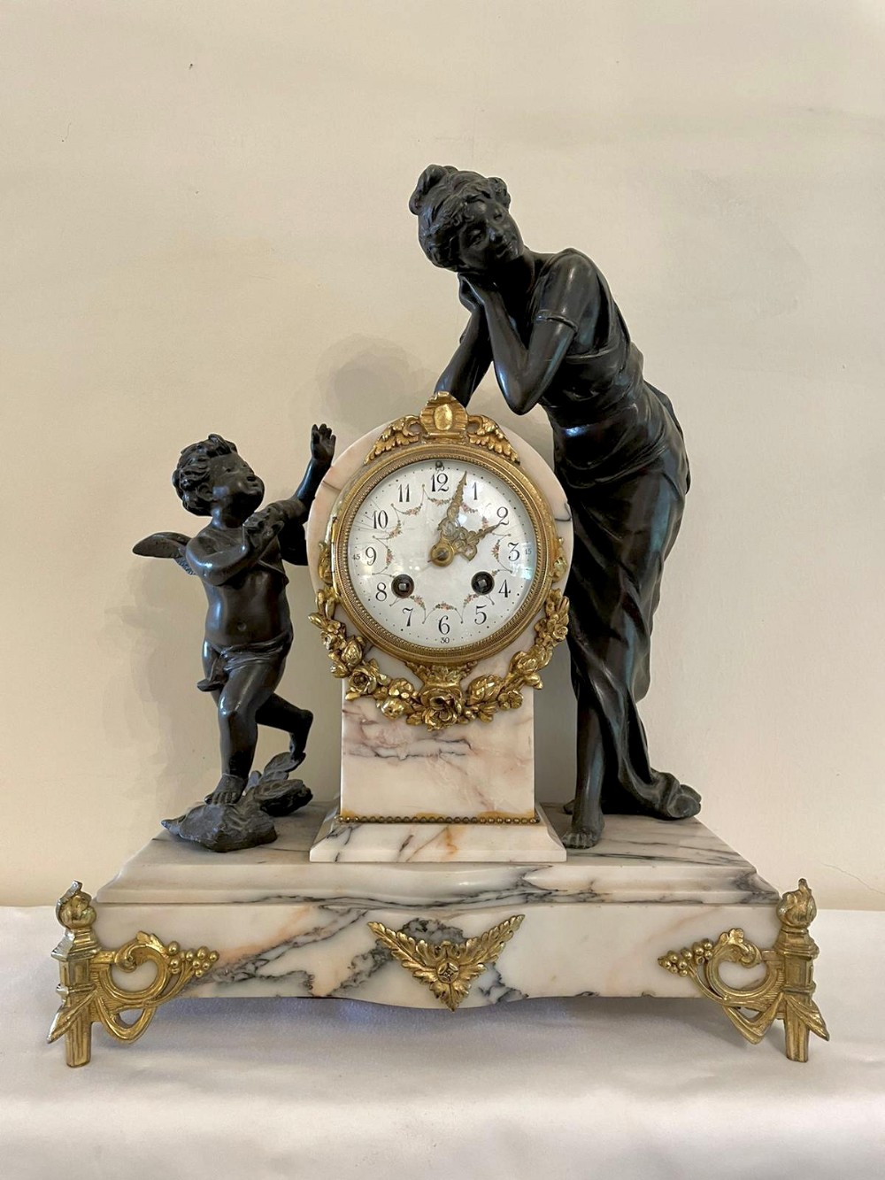 Fine Antique French Bronze Ormolu and Marble Eight Day Striking Mantel Clock