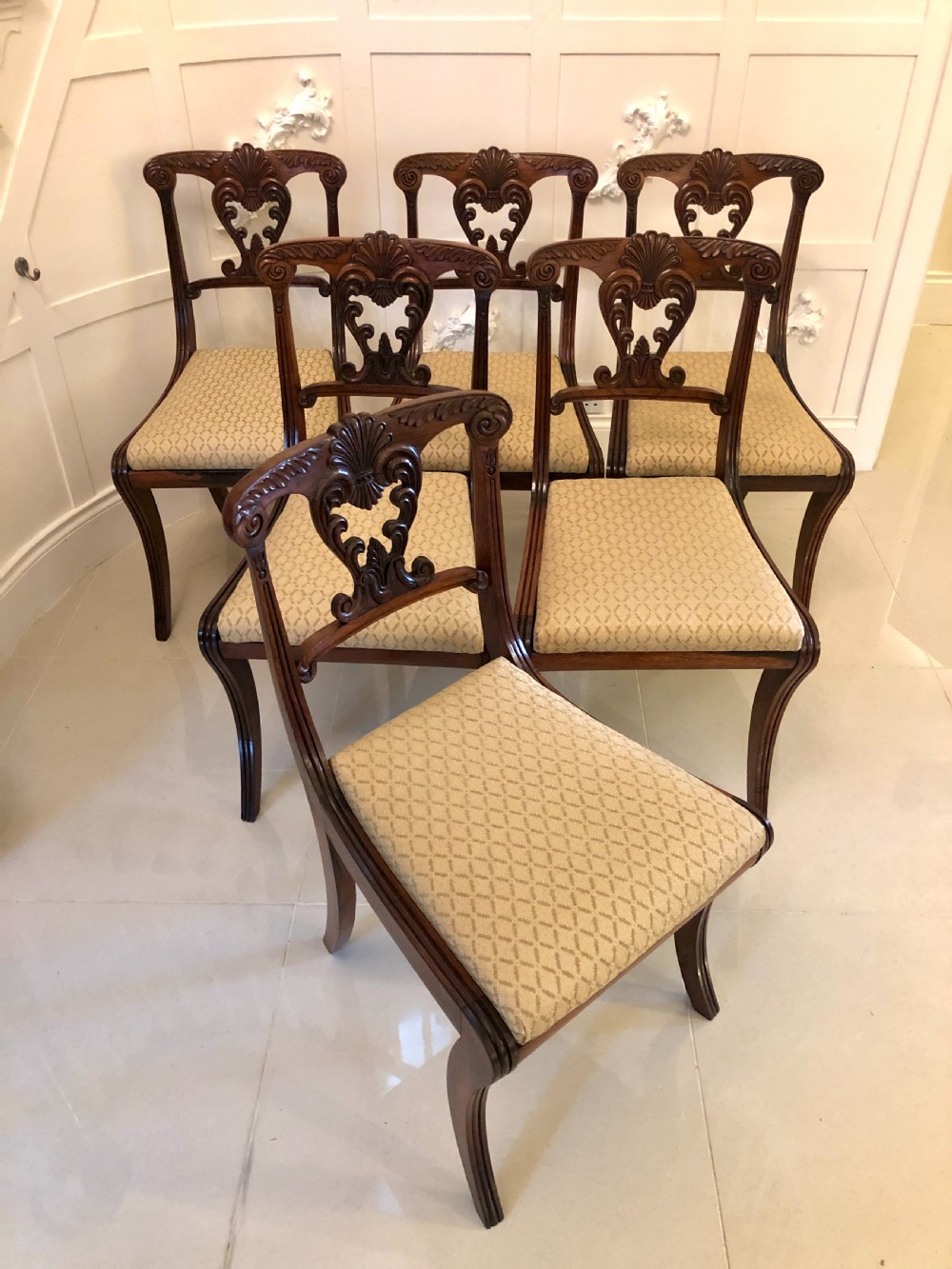 Outstanding Quality Set of Six Antique Regency Carved Rosewood Dining Chairs
