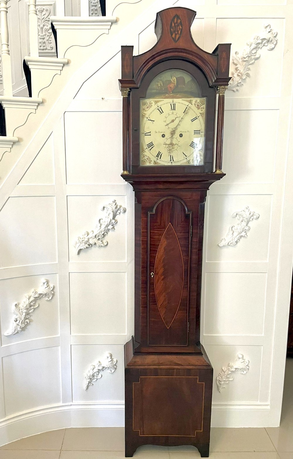 Antique George III Superior Quality Mahogany Inlaid Eight Day Longcase Clock Signed John Denbigh, Merton Park