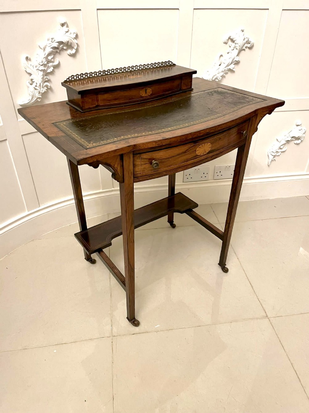  Antique Edwardian Quality Rosewood Inlaid Bow Fronted Writing Table 