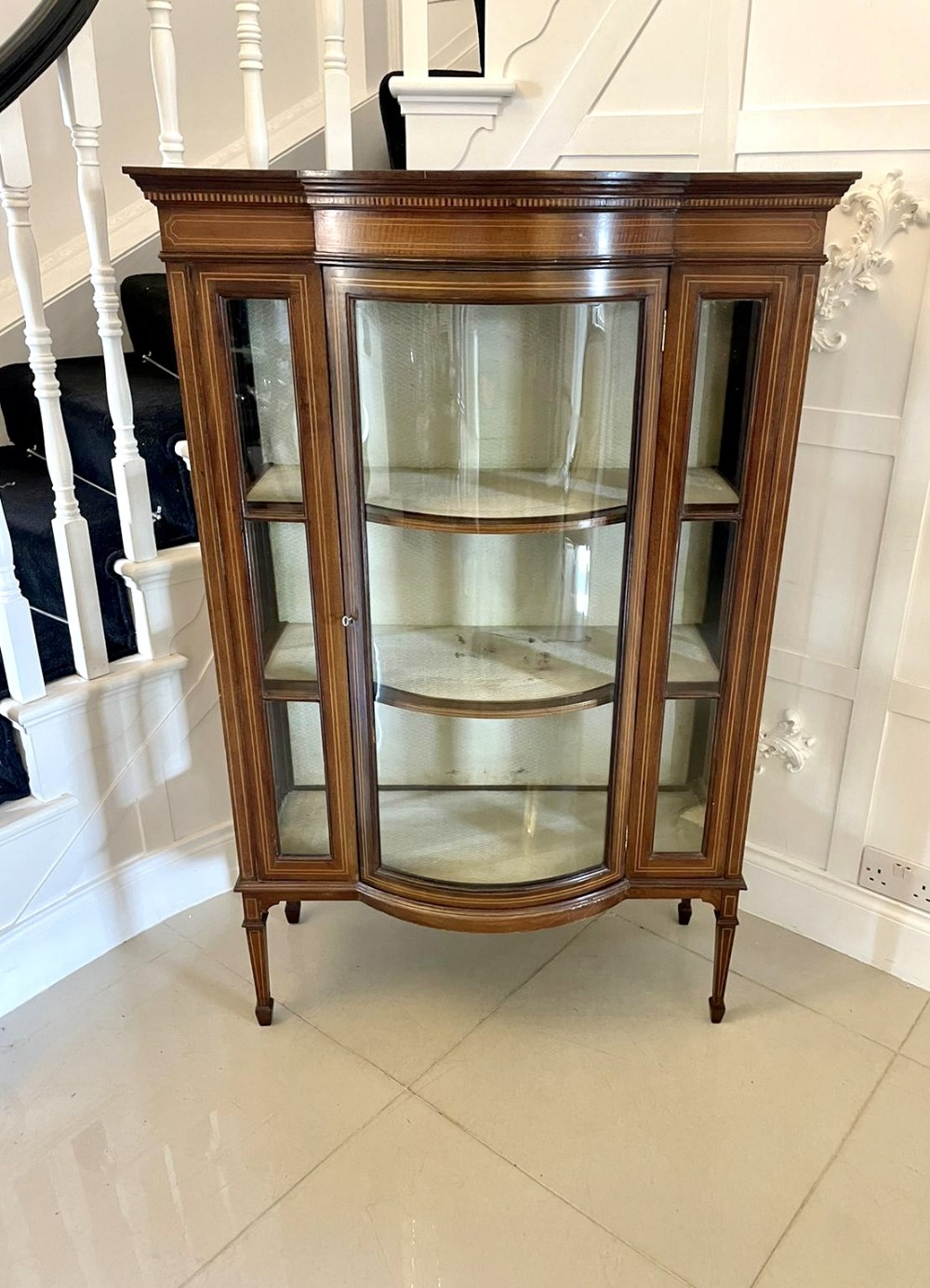 Unusual Size Antique Edwardian Quality Mahogany Inlaid Display Cabinet 