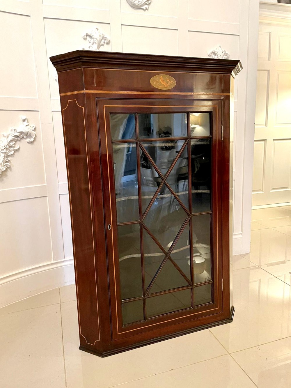 Antique George III Inlaid Mahogany Straight Front Hanging Corner Cupboard