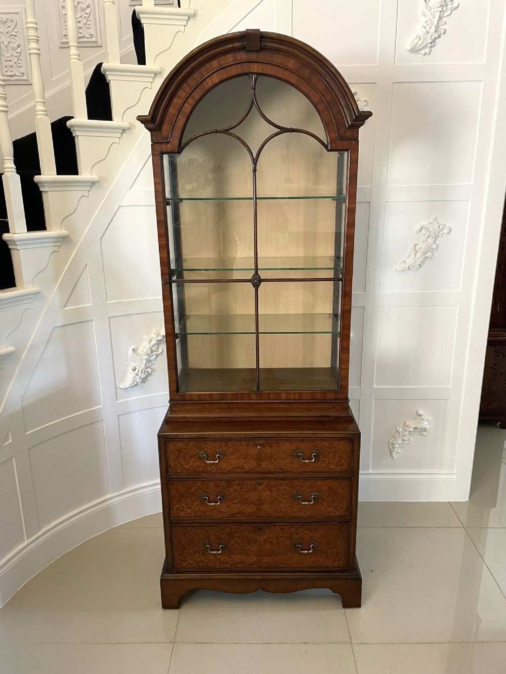 Outstanding Quality Antique Burr Yew Wood and Mahogany Display Cabinet by Gill & Reigate, London