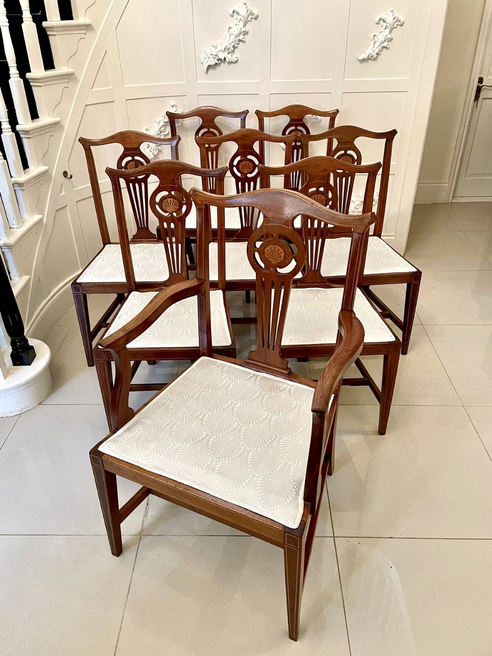 Fine Quality Set of Eight George III Style Mahogany Inlaid Dining Chairs