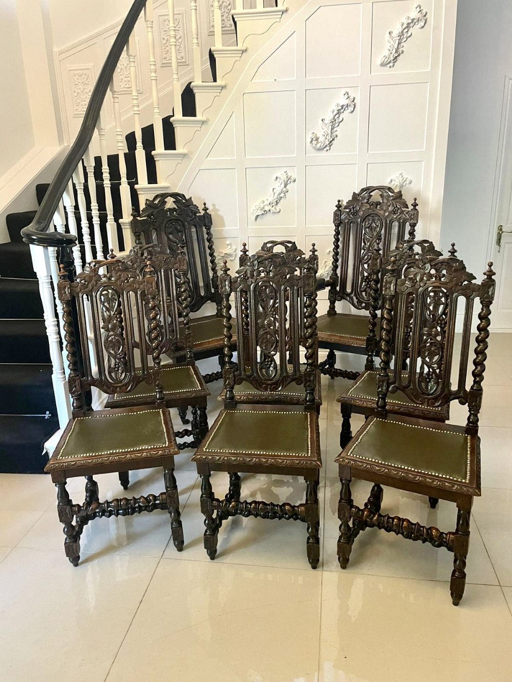 Set of Eight Antique Victorian Quality Carved Oak Dining Chairs 
