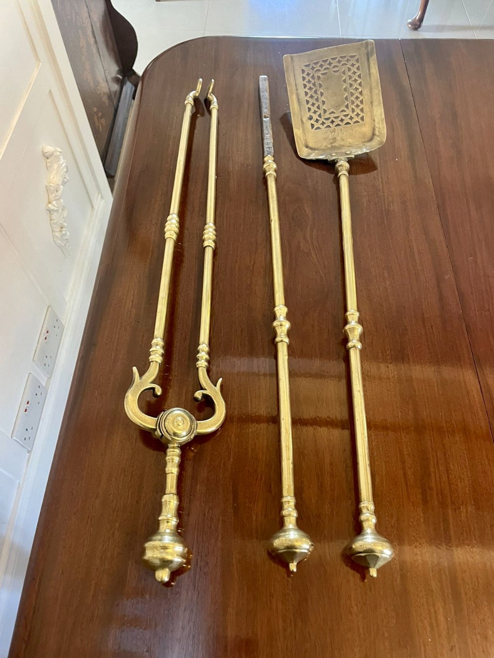  Antique George III Quality Set of Three Brass Fire Irons 
