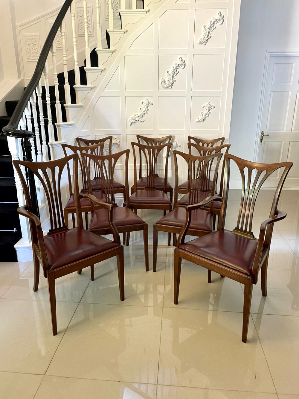 Set of 10 Antique Victorian Quality Mahogany Inlaid Dining Chairs 