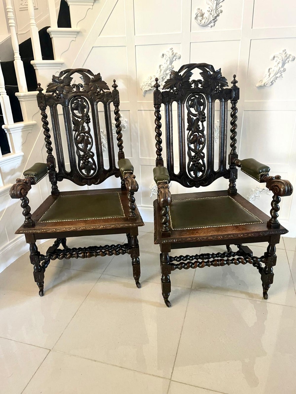 Large Pair of Antique Victorian Quality Carved Oak Throne Armchairs 