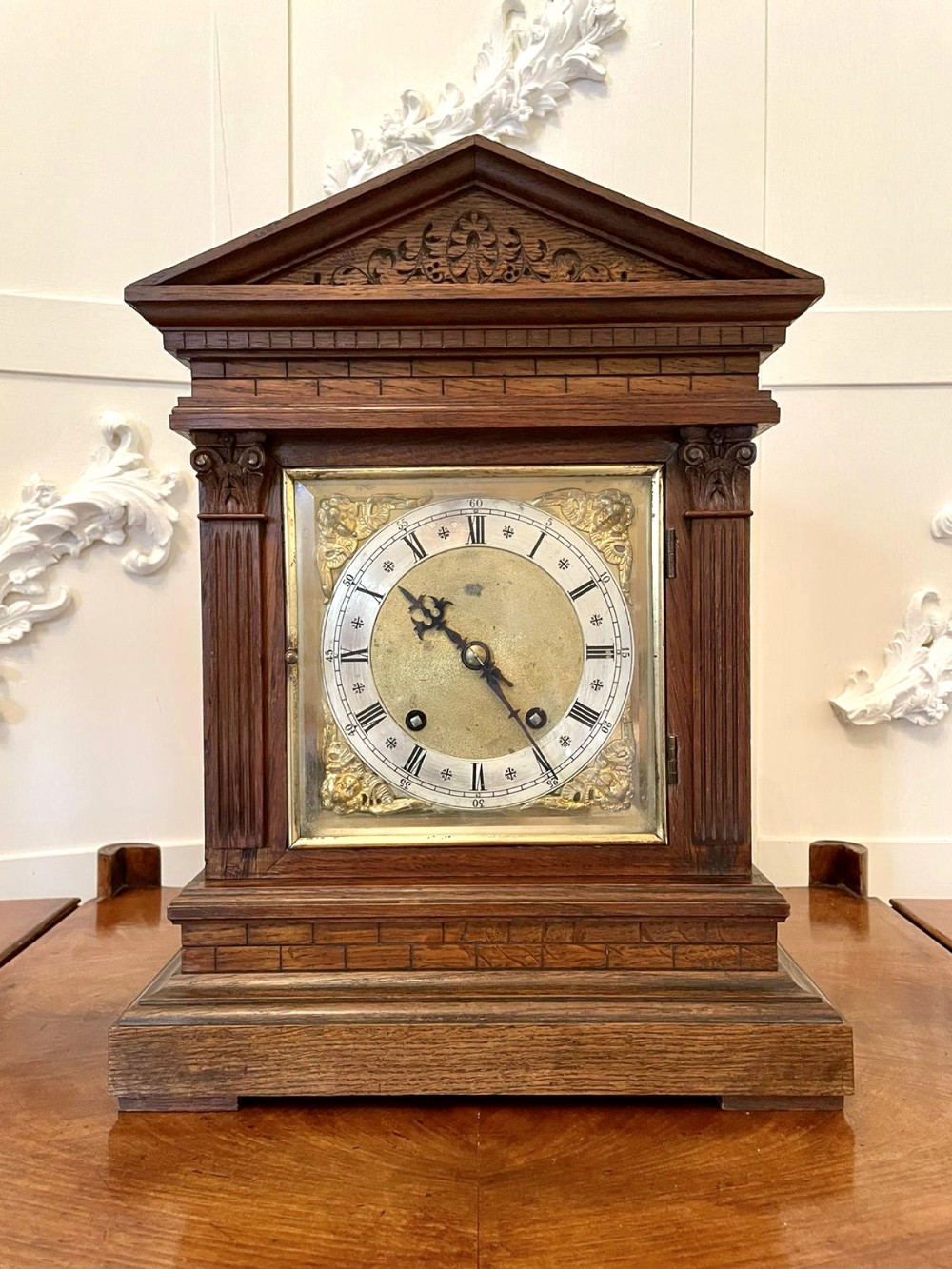 Antique Carved Oak Brass Face Eight Day Mantel Clock