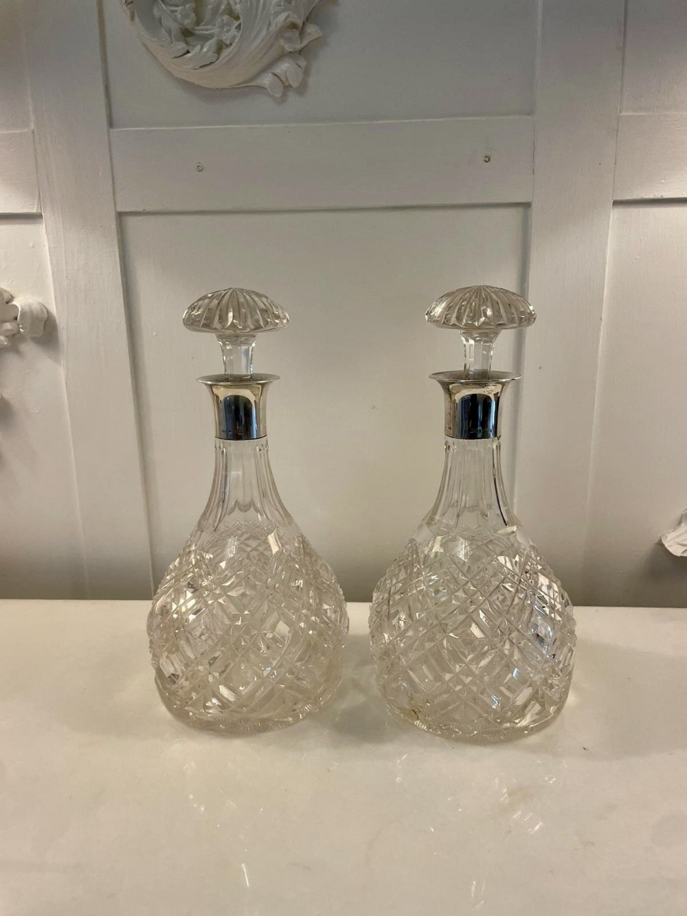 Superb Quality Pair of Antique Edwardian Cut Glass Decanters with Silver Mounts 