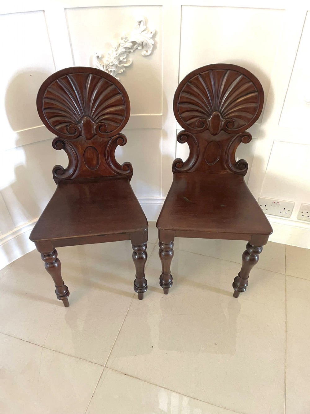 Pair of Antique Victorian Quality Carved Mahogany Hall Chairs 