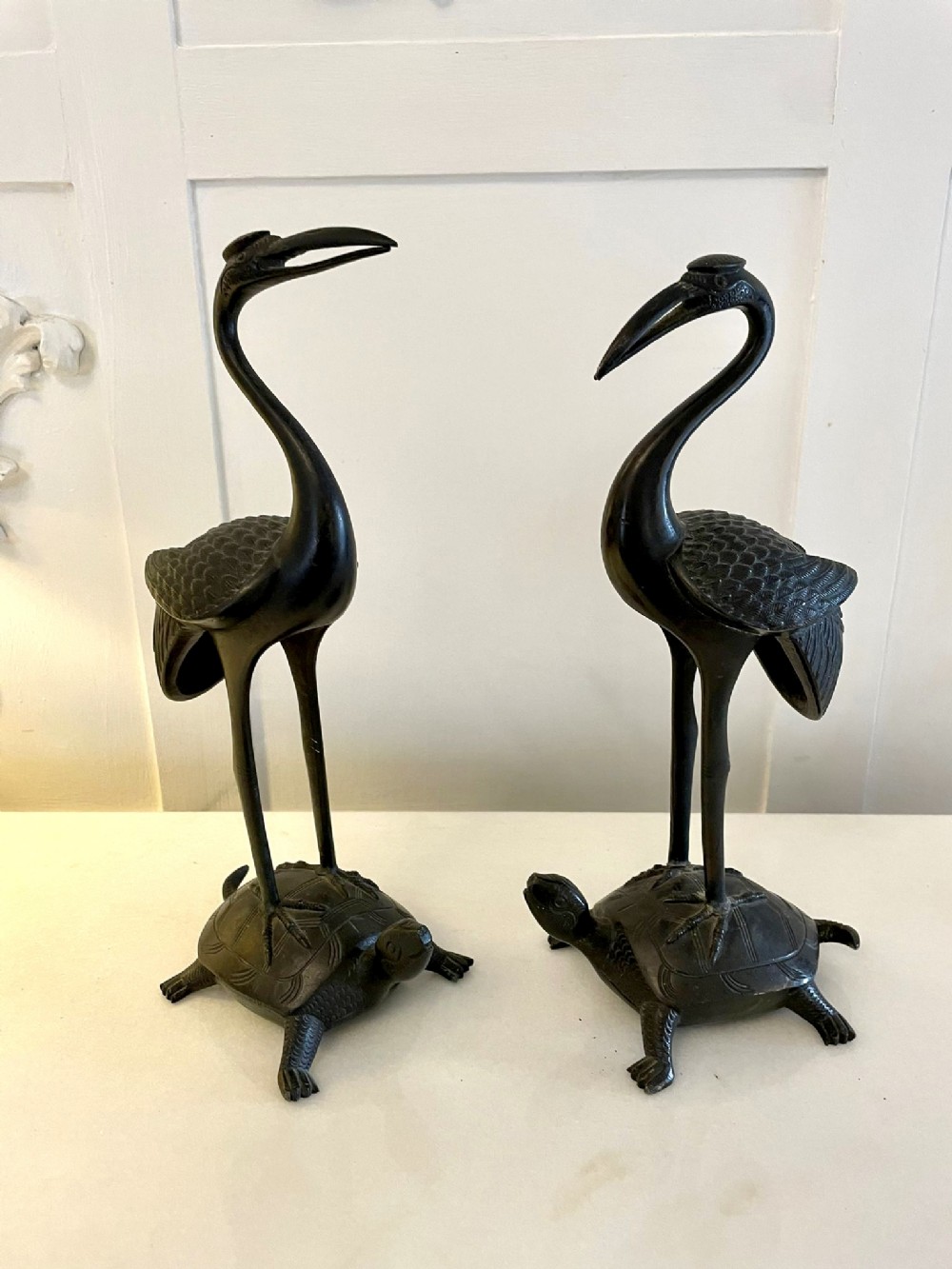 Quality Pair of Antique Victorian Bronze Storks/Cranes 
