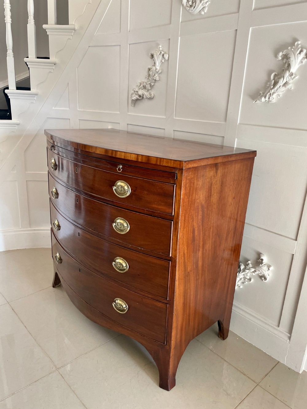 Outstanding Quality Antique George III Figured Mahogany Bow Fronted Chest of Drawers   View XIII