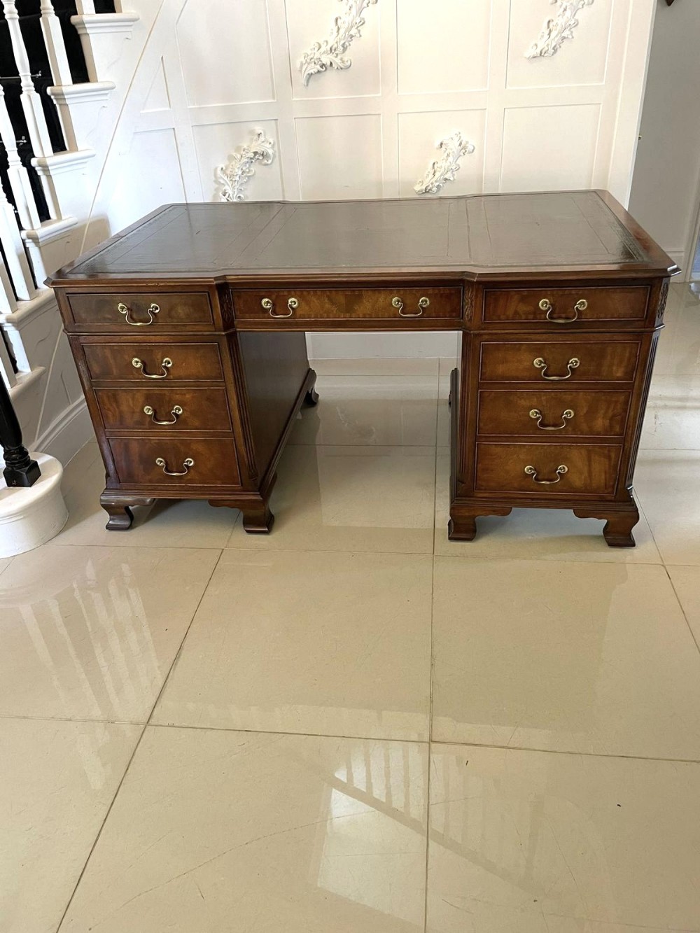 Antique Quality Figured Mahogany Free Standing Partners Desk 