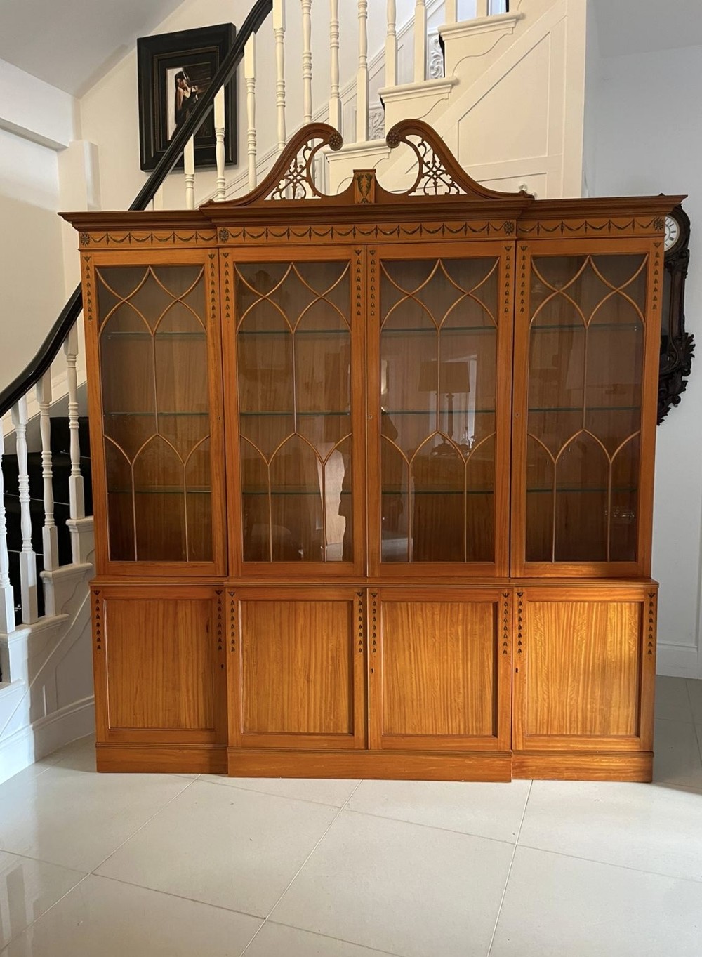 Large Quality Satinwood Astral Glazed Breakfront Display Cabinet with Original Painted Decoration 