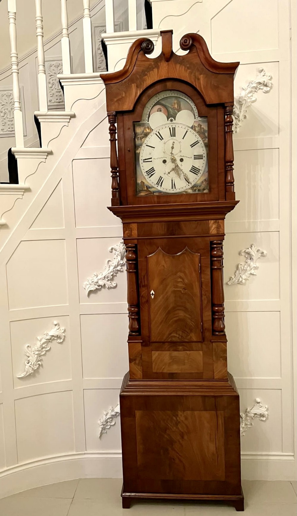 Outstanding Quality Antique Victorian Figured Mahogany Grandfather Clock with Painted Arched Dial and Moon Roller