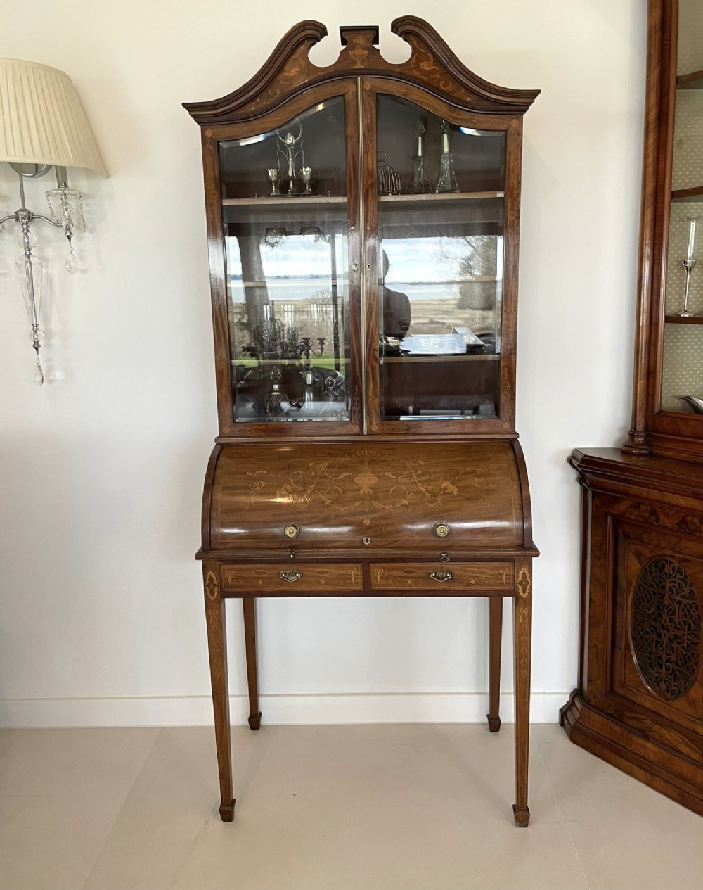 Fine Quality Antique Victorian Mahogany Inlaid Cylinder Bookcase 