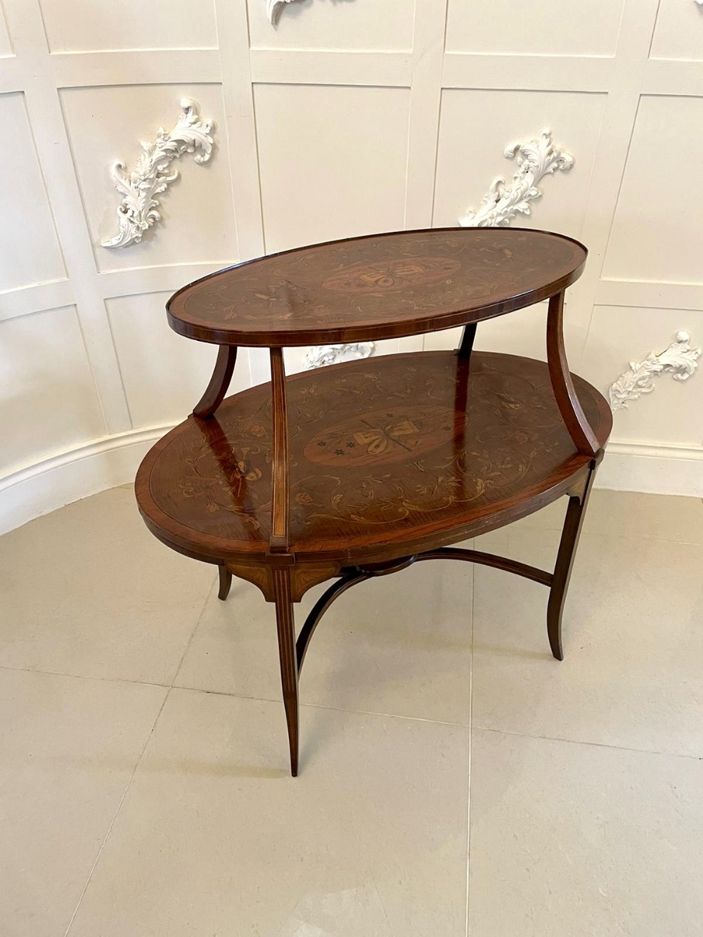 Fine Quality Antique Victorian Mahogany Marquetry Inlaid Two-tier Etagere