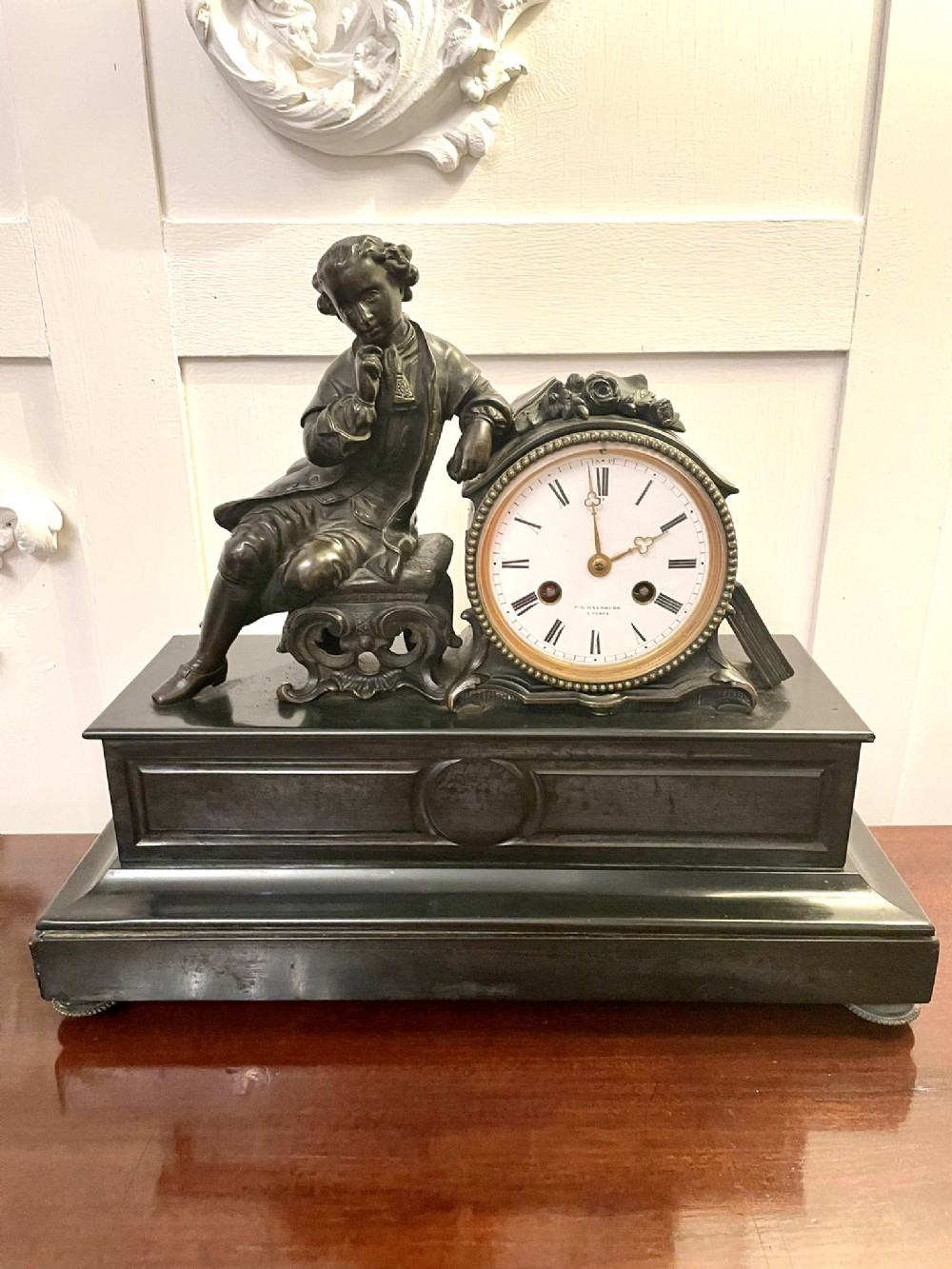 Antique Victorian French Quality Bronze and Marble Eight Day Mantle Clock by  P L Hausburg Paris
