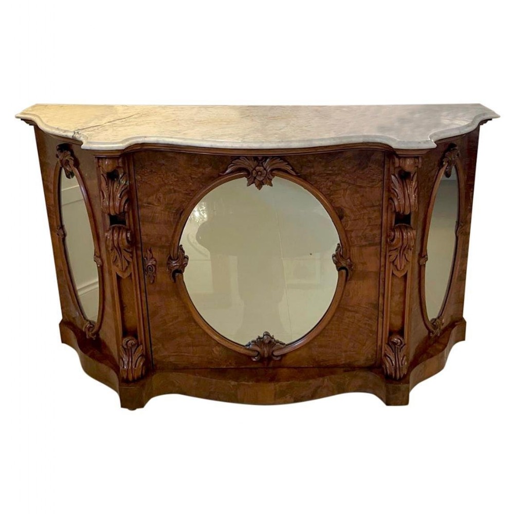 Antique Victorian Burr Walnut Marble Top Credenza