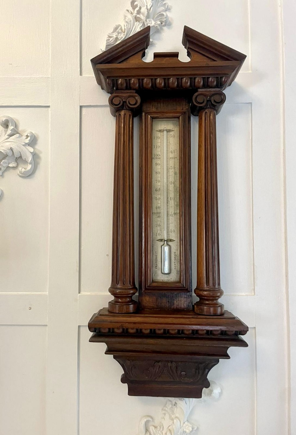 Large Antique Victorian Carved Oak Thermometer 