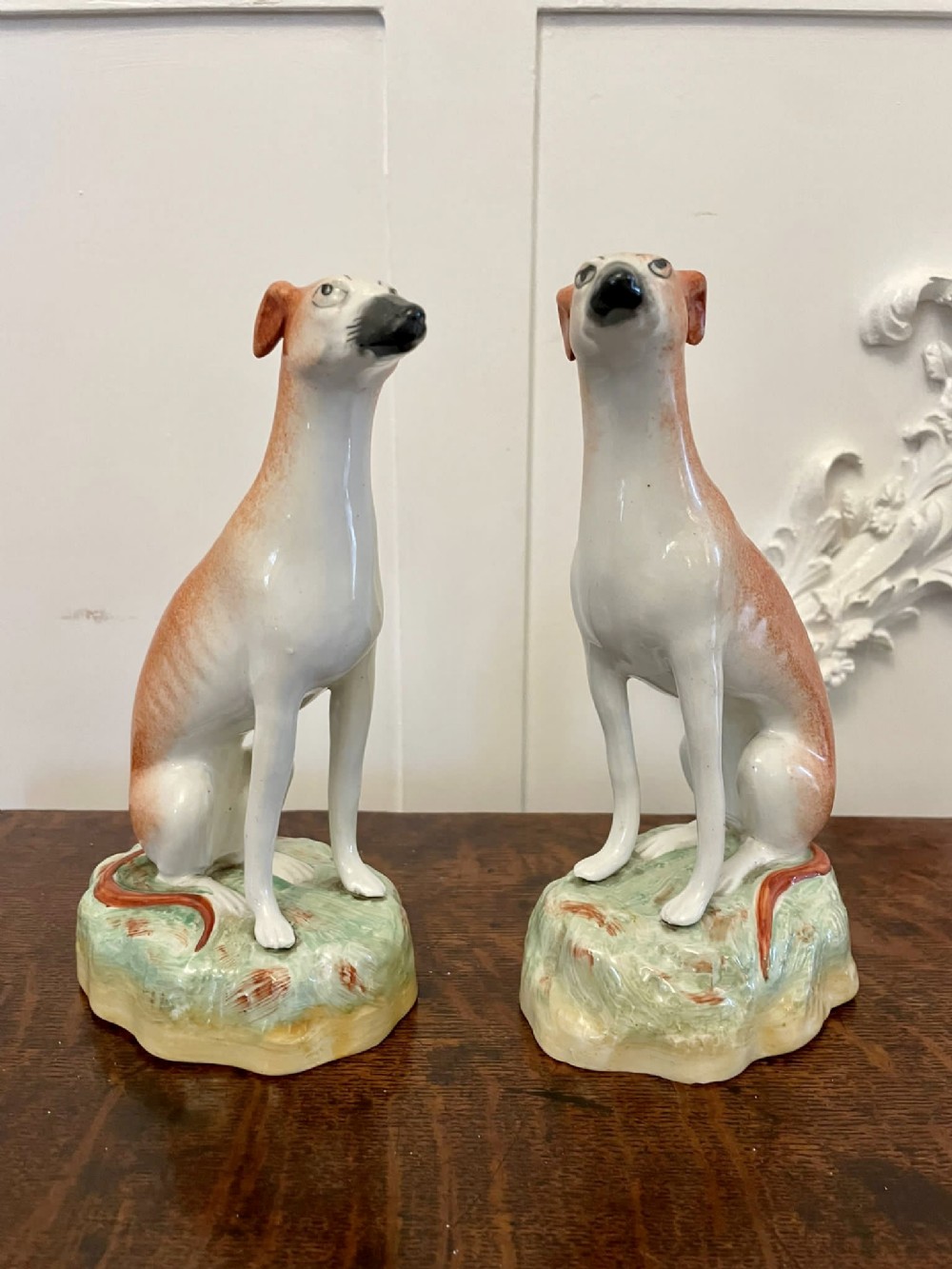 Pair of Antique Victorian Quality Staffordshire Greyhound Dogs