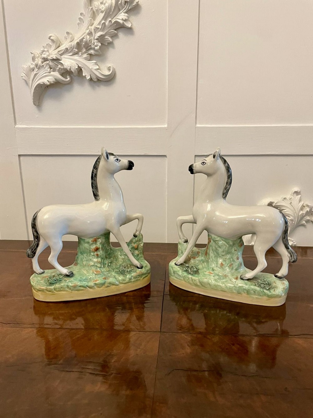 Unusual Pair of Antique Victorian Staffordshire White Horses 