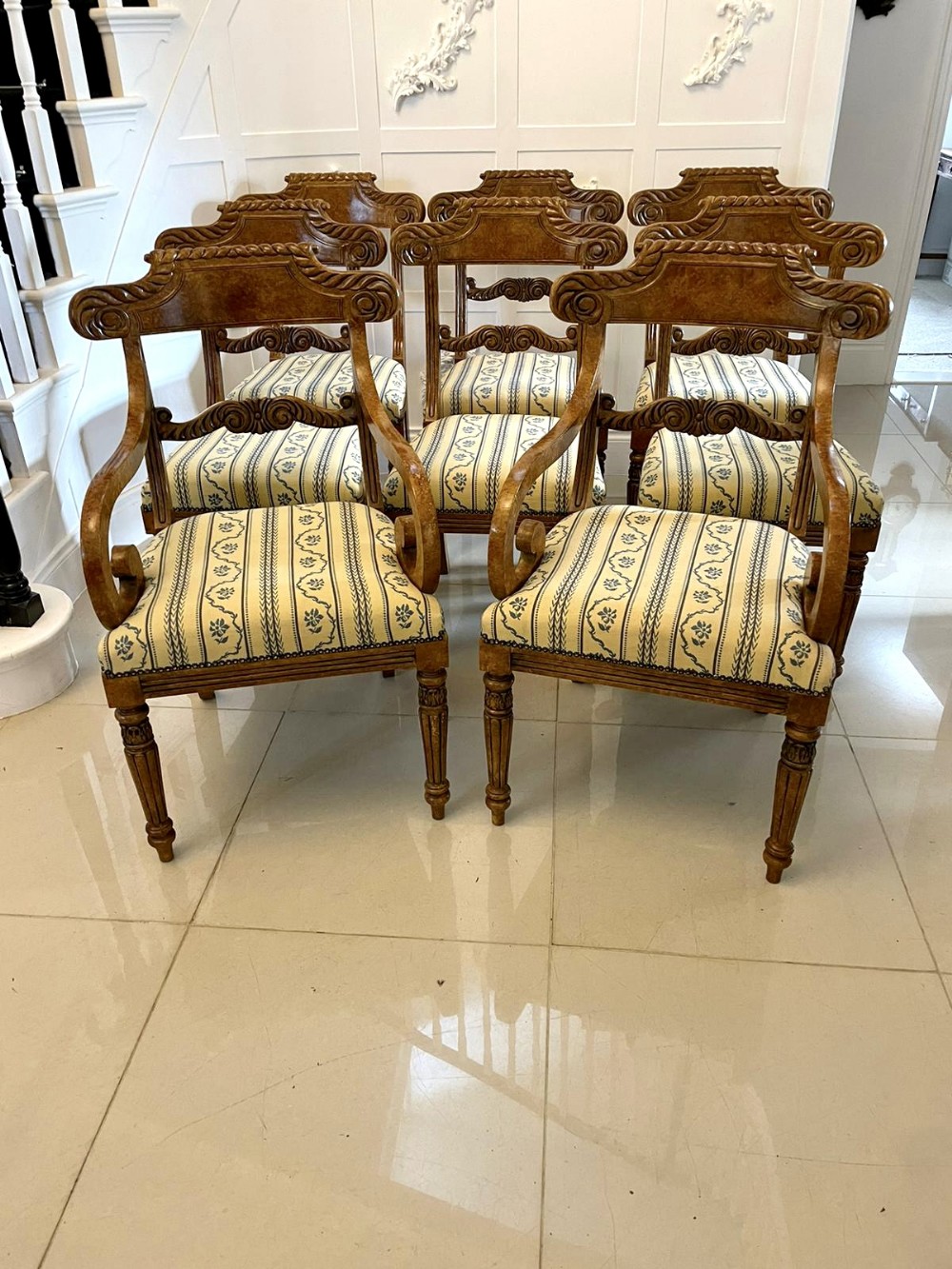 Unusual Set of 8 Quality Antique Decorated Faux Birds Eye Maple Dining Chairs 