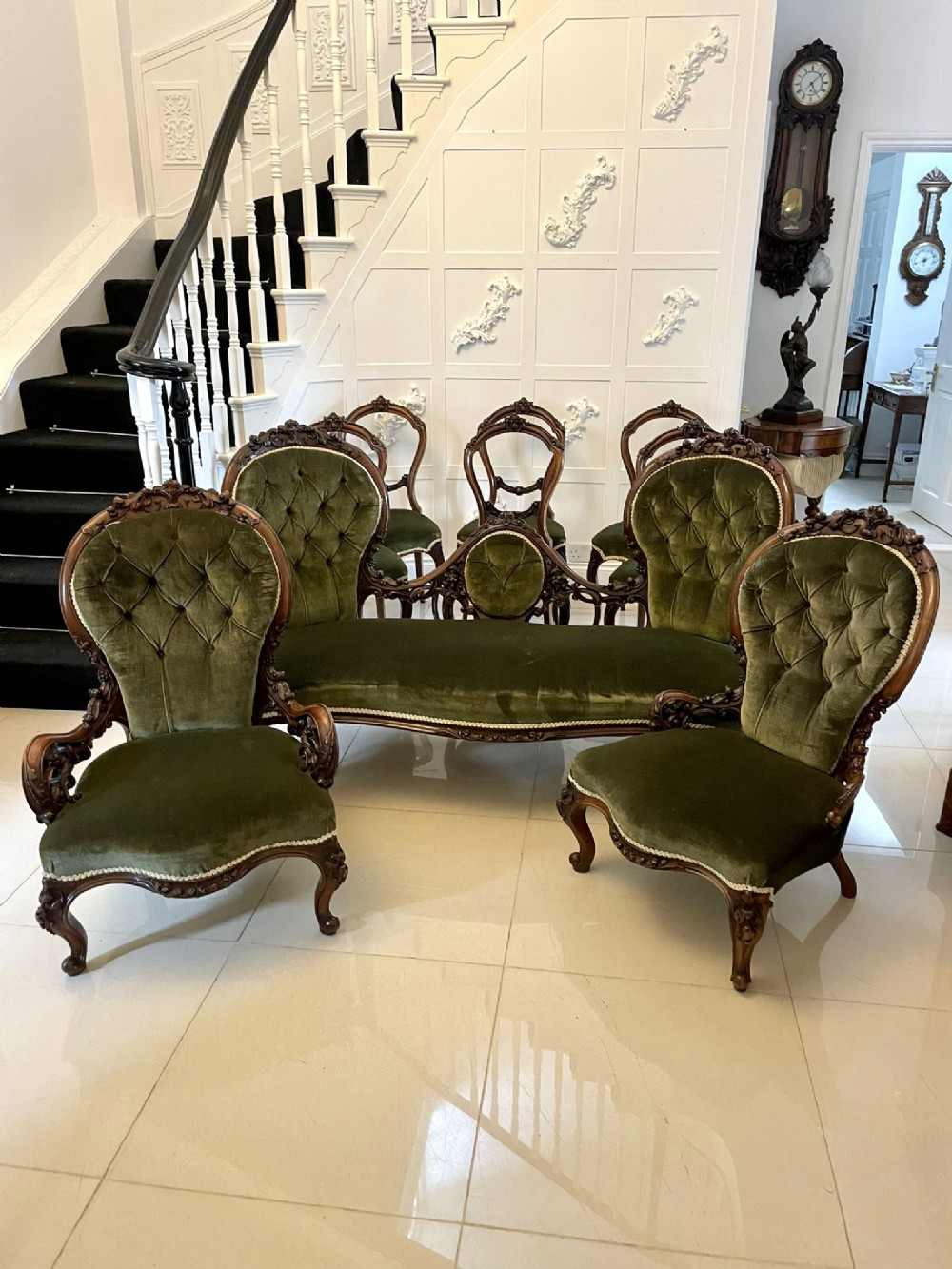 Exhibition Quality Antique Victorian Carved Walnut 9 Piece Suite 