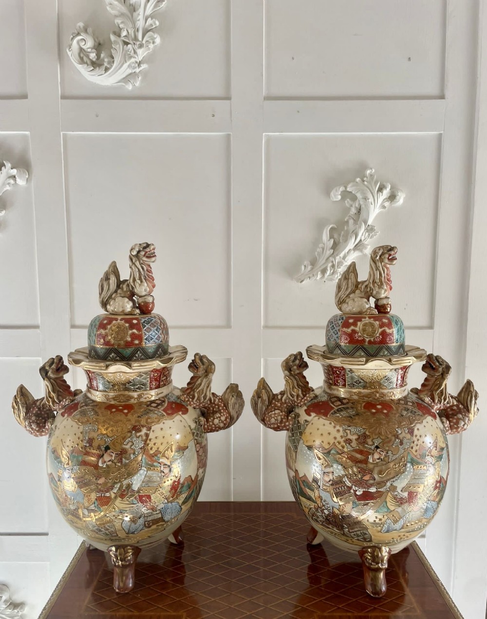 Pair of Large Antique Japanese Quality Satsuma Lidded Vases