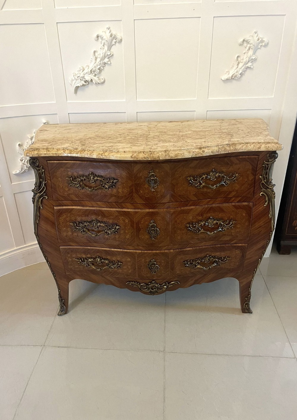 Antique Victorian Quality French Parquetry Marble Top Commode Chest of Drawers 