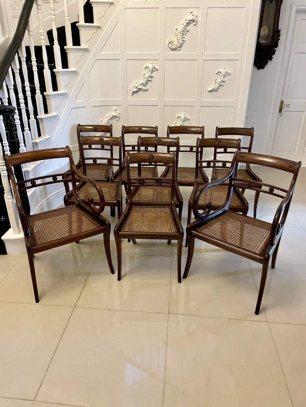 Outstanding Quality Set of 10 Antique Regency Mahogany Dining Chairs 